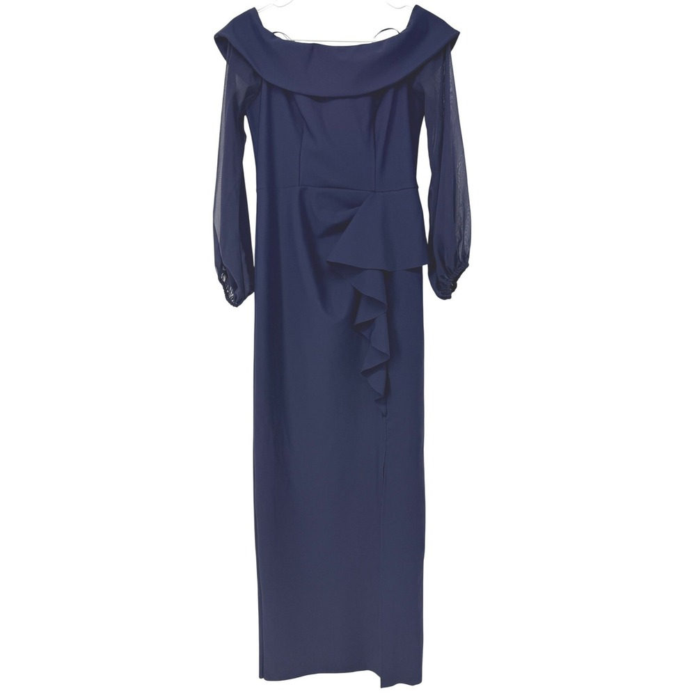 Alex Evenings Navy Blue Off Shoulder Sheer Sleeve Ruffle Gown Dress Size 6